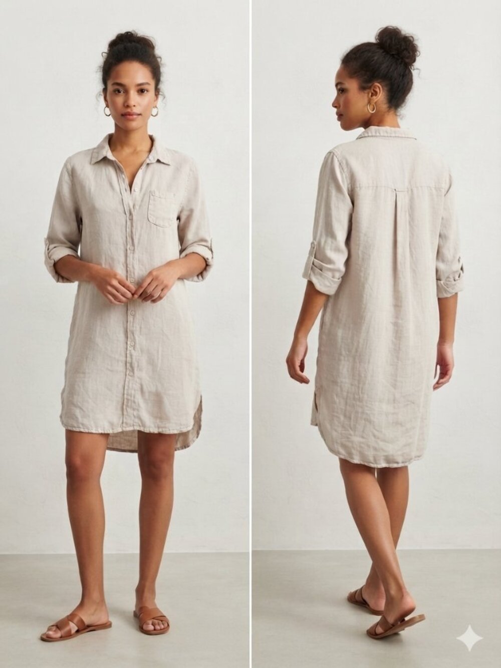 Tempo Paris Women's Three-Quarter Sleeve Button Down Tunic/Dress Oatmeal M